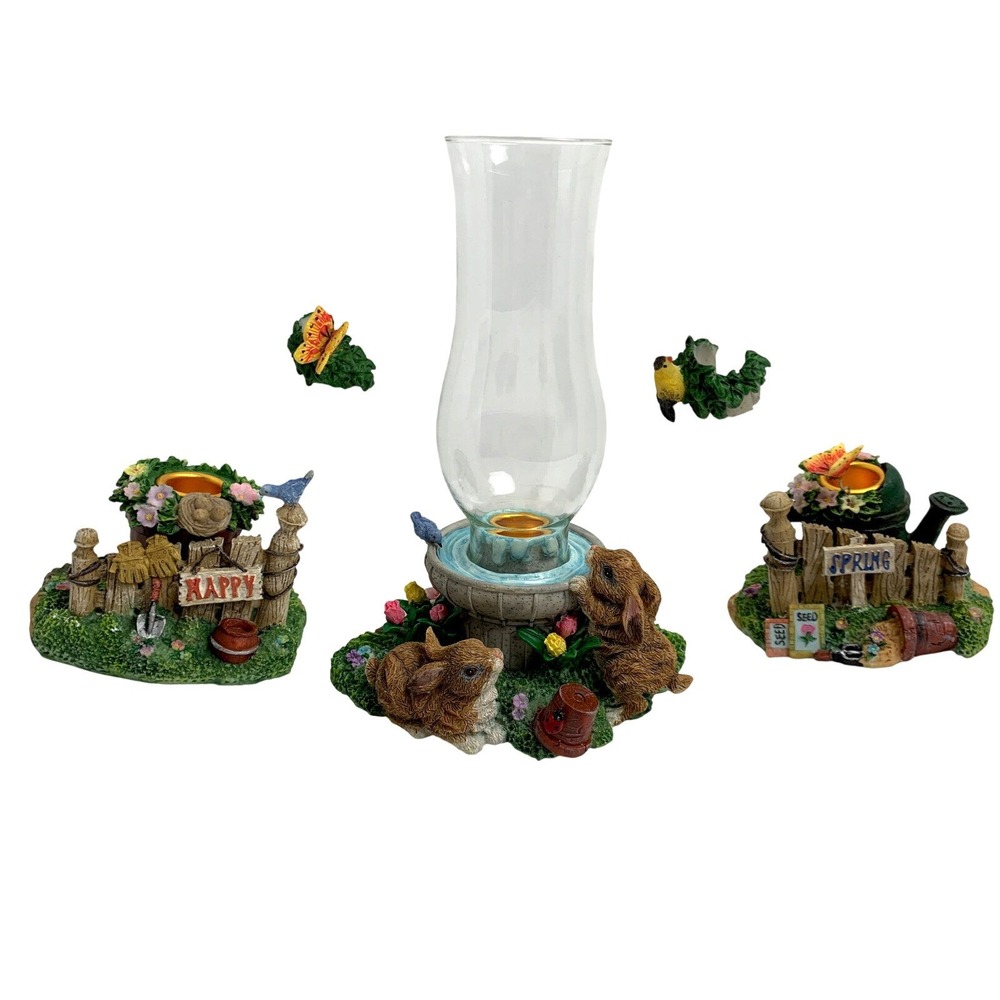 Easter Candle Holder Set Home Decor Spring Garden Bunnies Floral Hurricane